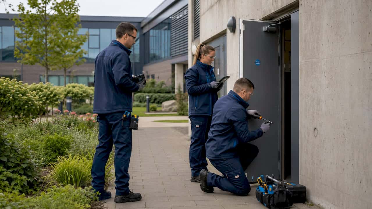 OPSG operatives inspecting school fire door outside